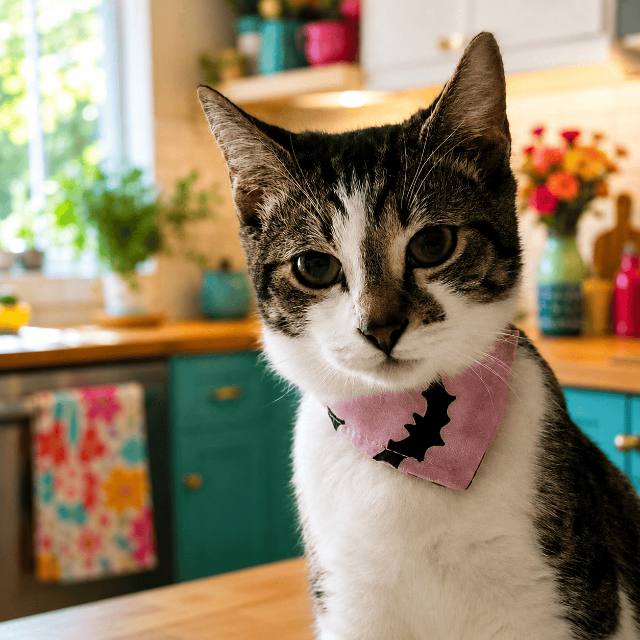 Cute tabby cat wearing a pink bandana with a bat design at Biscuit & Beans Cat Café.
