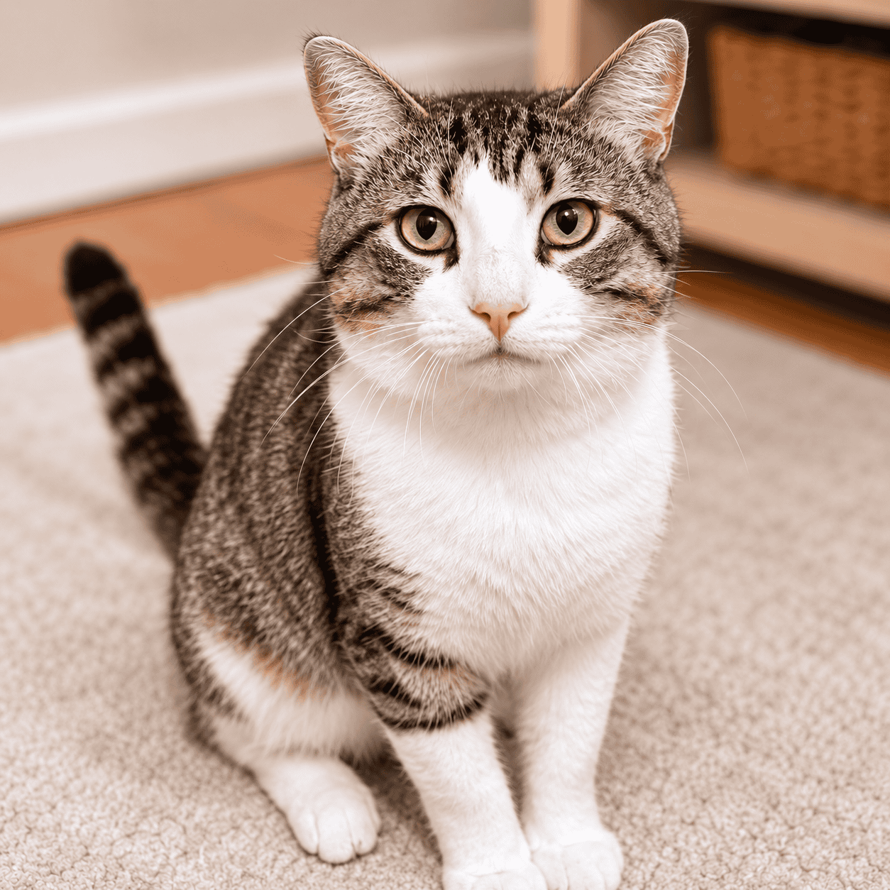 Cute tabby cat sitting on carpet at Biscuits & Beans Cat Café.