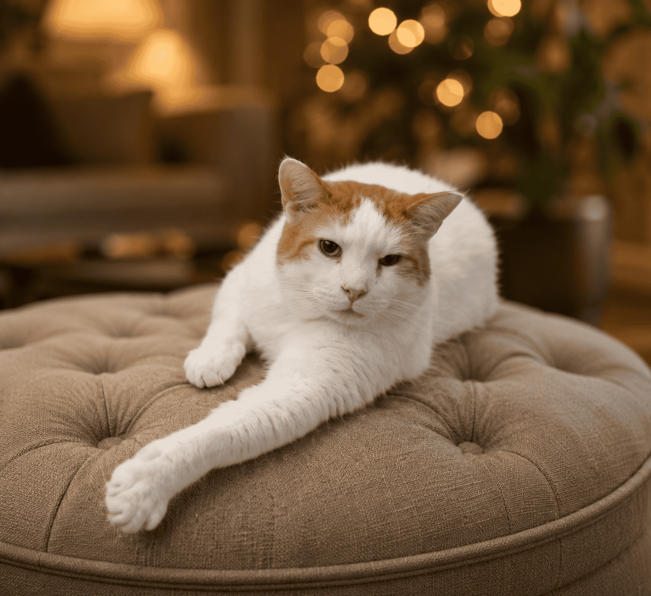 Adorable white and orange cat relaxing on a plush ottoman at Biscuit & Beans Cat Café.