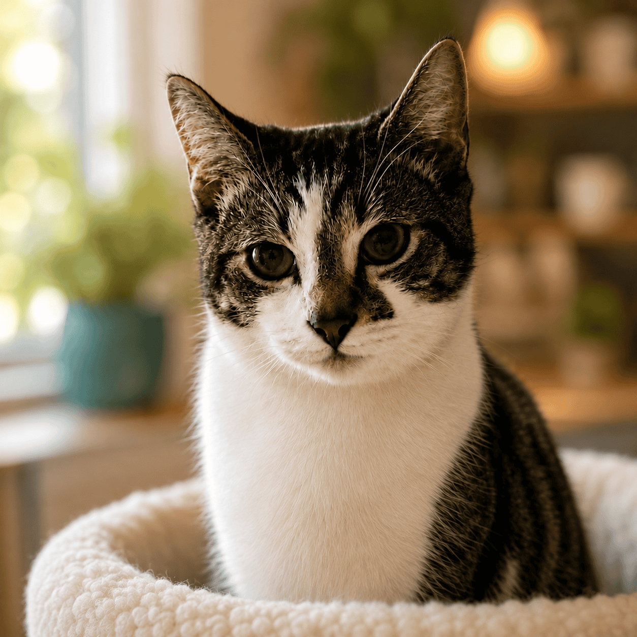Cute tabby cat sitting in a cozy café setting with warm lighting and plants.