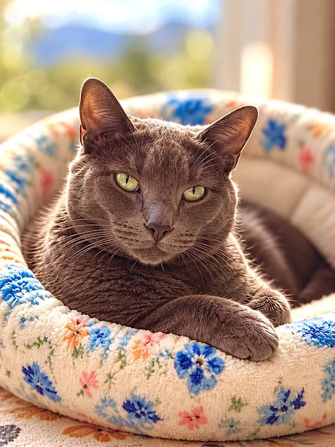 Relaxed gray cat lying in a floral bed at Biscuits & Beans Cat Café.