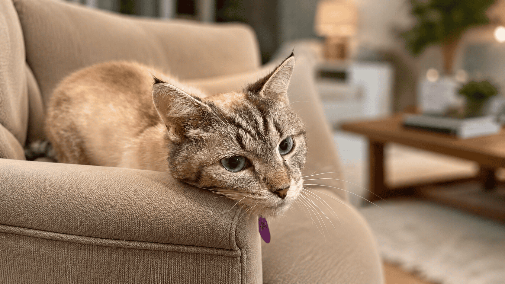 Cozy Cat Relaxing on Couch Adorable tabby cat resting on a beige sofa in a cozy living room setting.