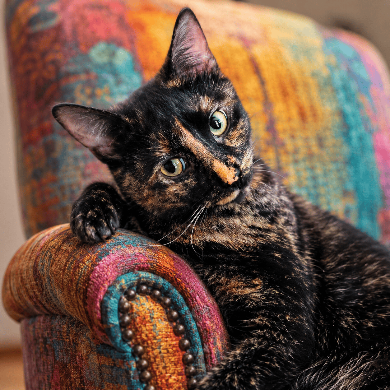 Cute tortoiseshell cat relaxing on colorful armchair at Biscuits & Beans Cat Café.