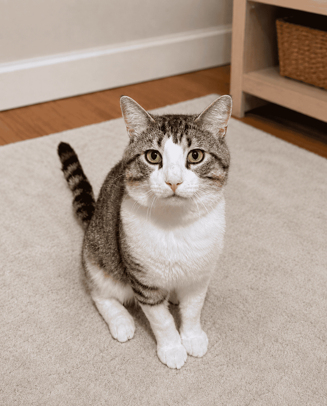 Cute tabby and white cat sitting on a beige rug in a cozy café setting.