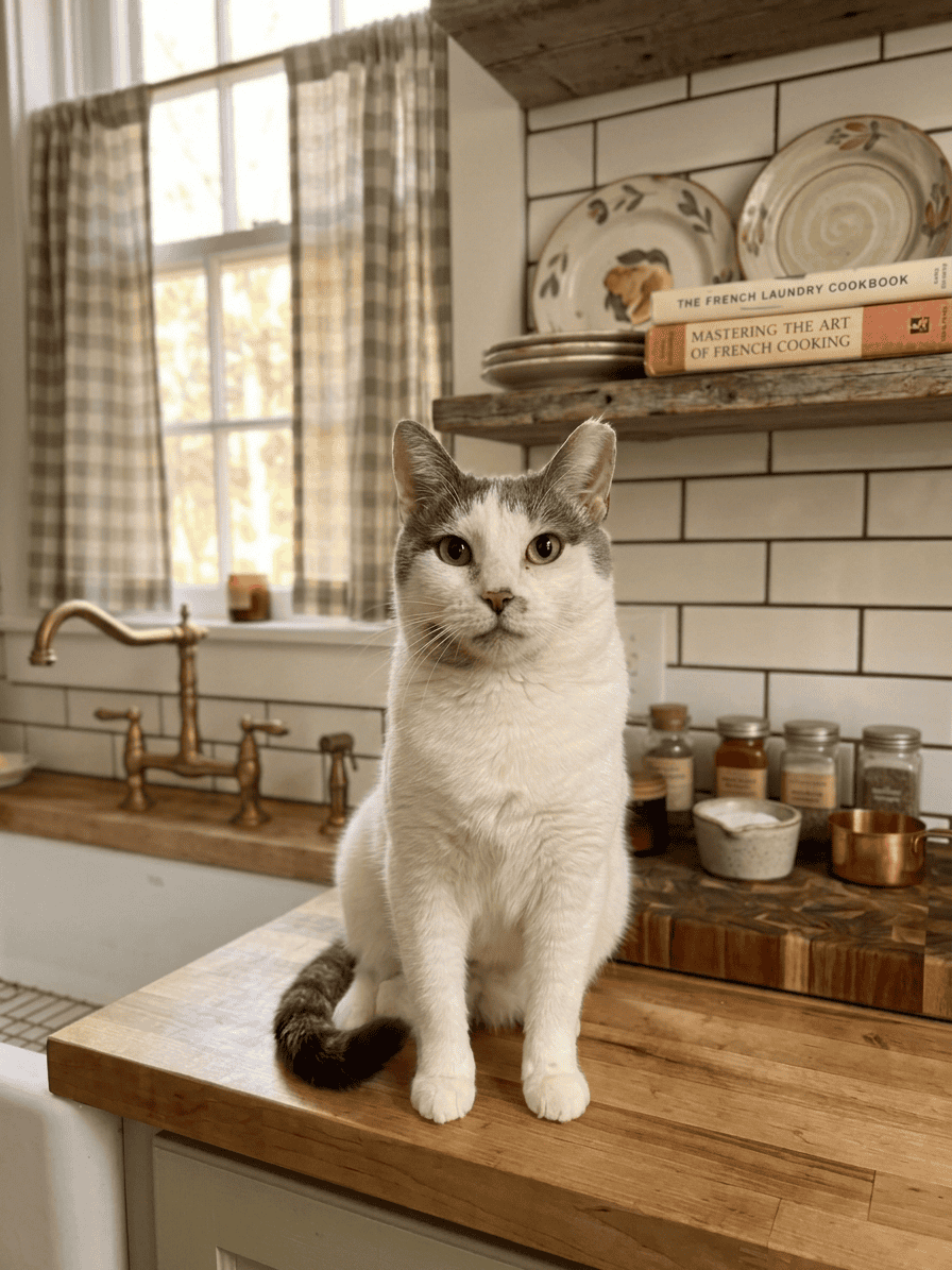 Cute cat sitting on a wooden table in a cozy café with kitchen background.
