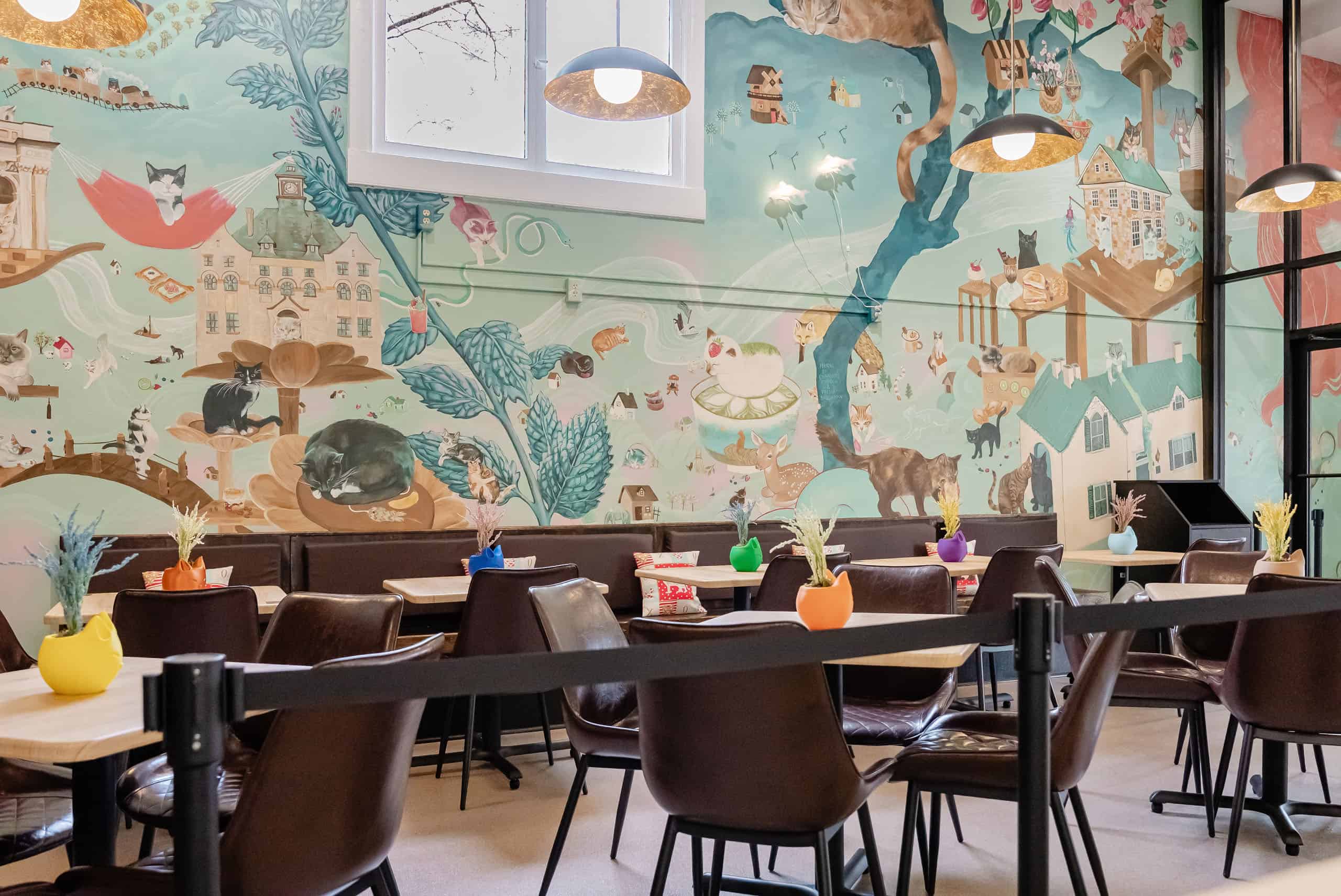 Cozy cat café with colorful mural, seating, and potted plants.