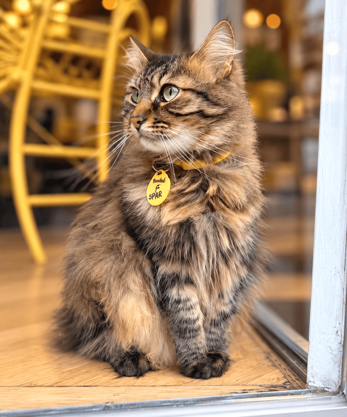 Adorable Cat at Biscuits & Beans Café Cute tabby cat with green eyes sitting at Biscuits & Beans Cat Café.
