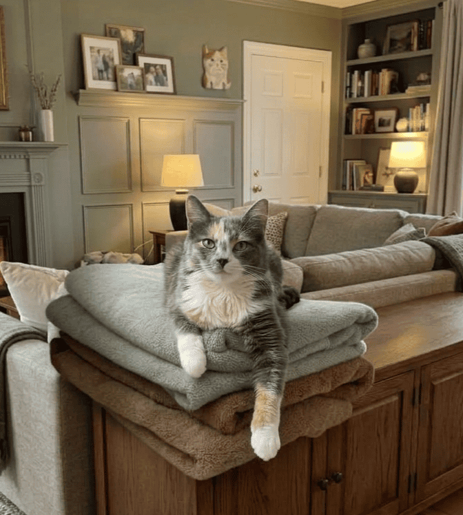 Relaxed cat lounging on blankets in a cozy café setting with bookshelves and warm lighting.