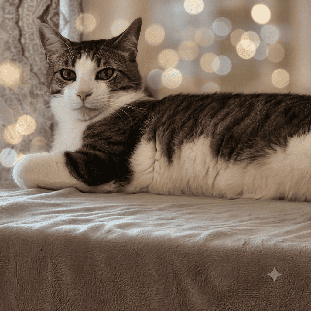 Relaxed Cat at Biscuits & Beans Café Calm tabby and white cat relaxing on a table with blurred lights background.
