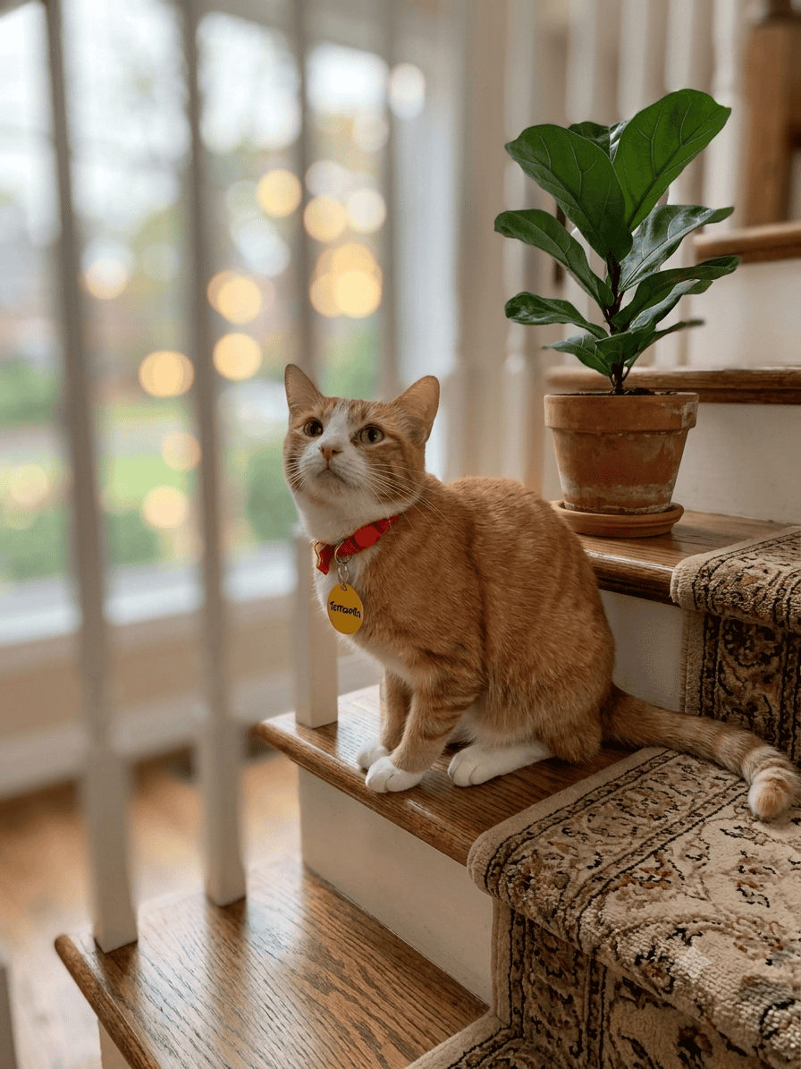 Cute orange cat with a red collar sitting on staircase near a potted plant.