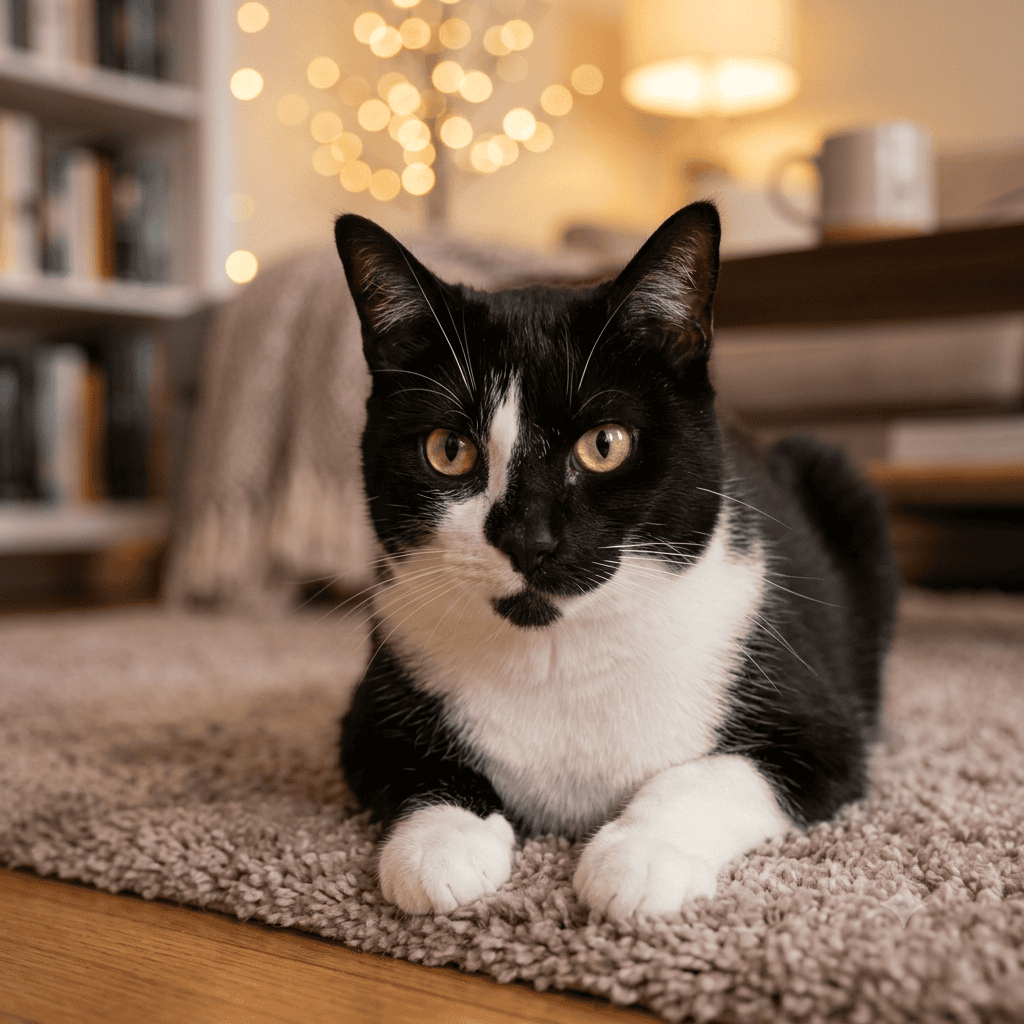 Adorable black and white cat at Biscuits & Beans Cute black and white cat lying on a rug in a cozy café setting with warm lights.