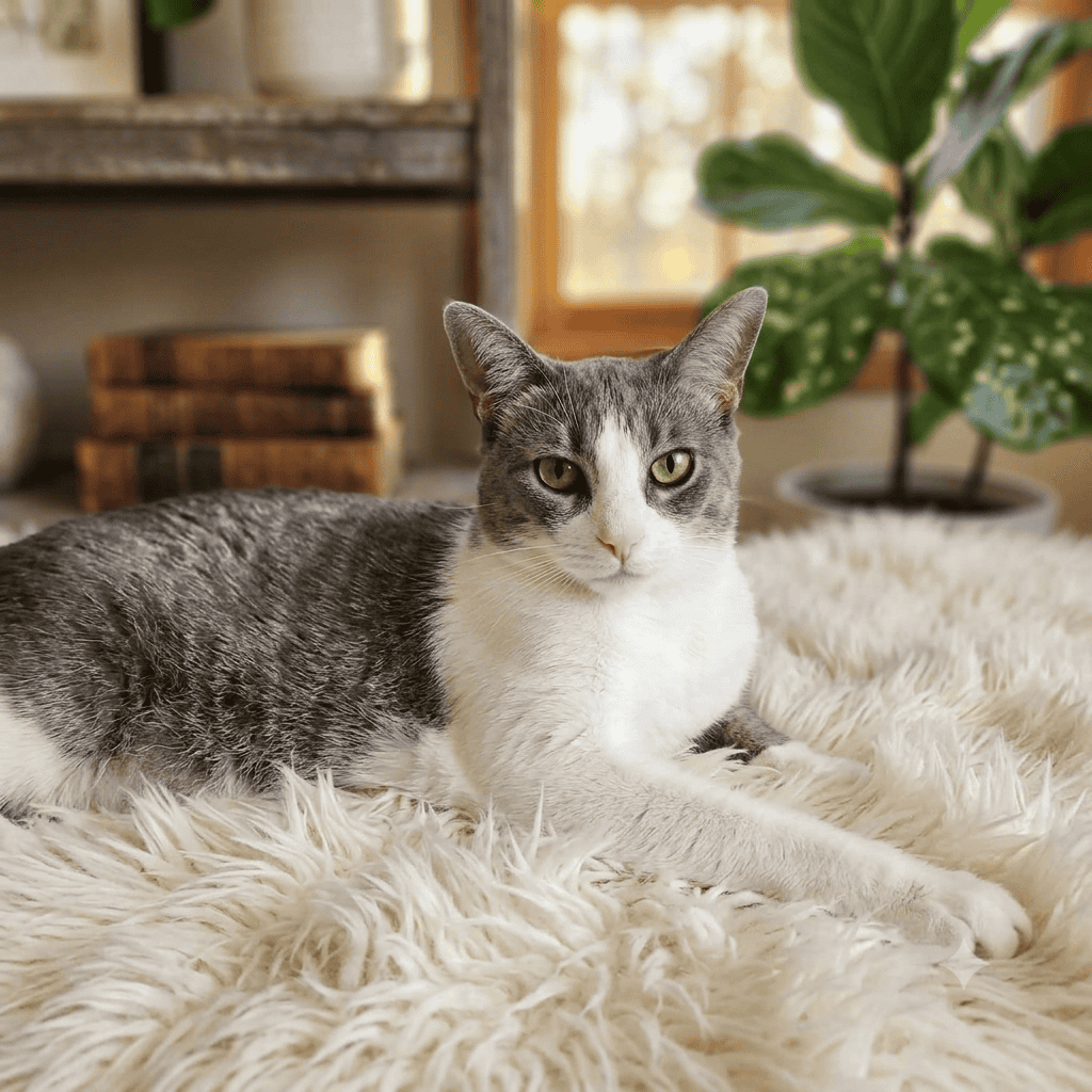 Molly the Cat at Biscuits & Beans Café Adorable cat relaxing on a fluffy rug at Biscuits & Beans Cat Café.
