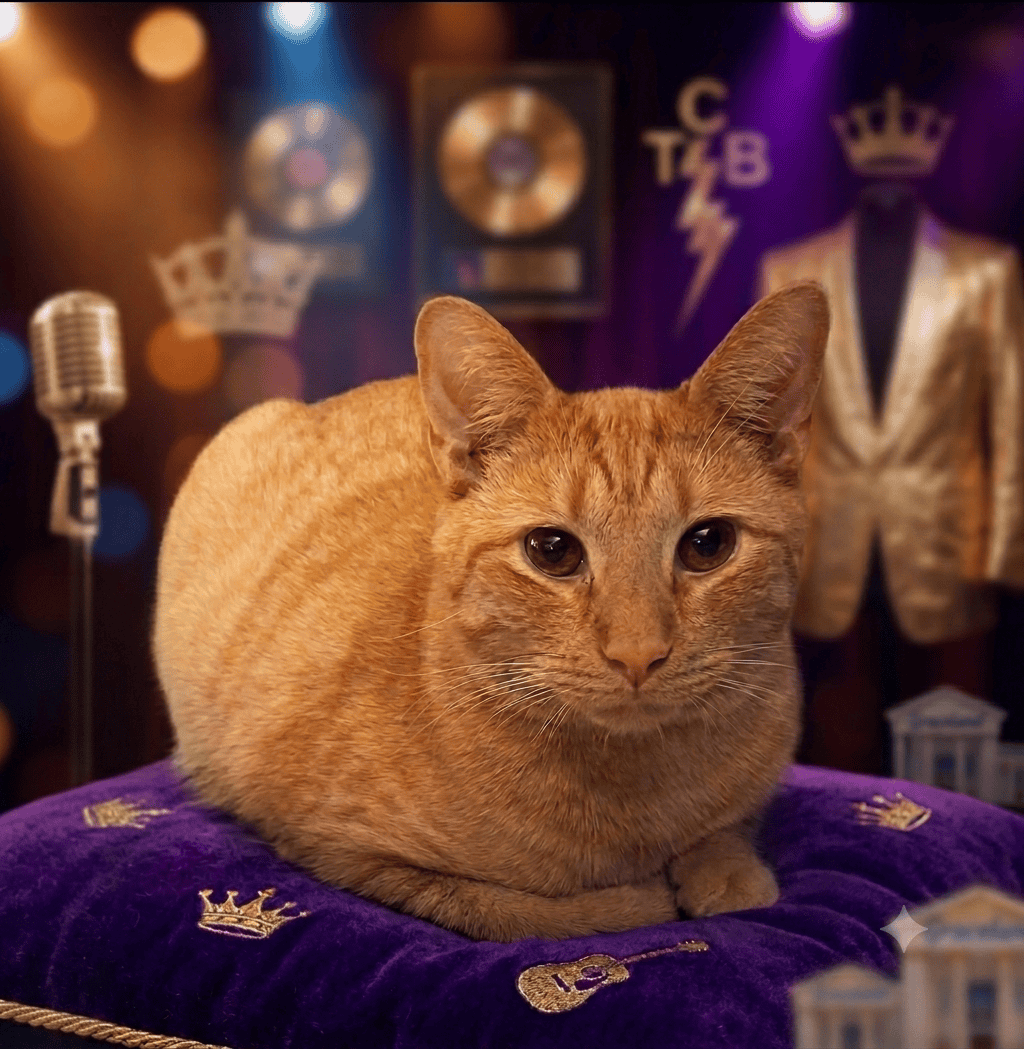 Cute orange cat sitting on a purple cushion at Biscuits & Beans Cat Café with music-themed decor.