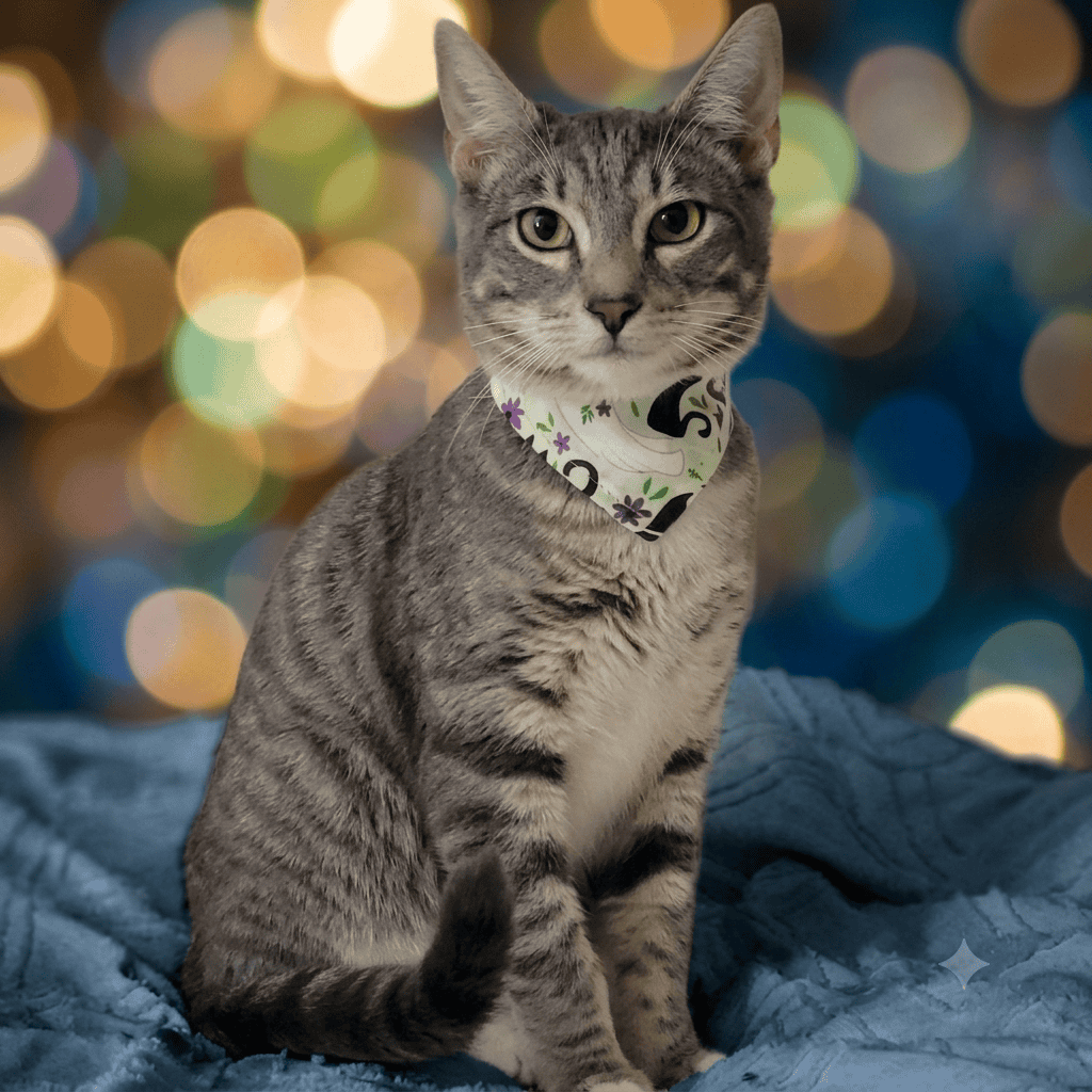 Cute tabby cat with green eyes wearing a bandana at Biscuits & Beans Cat Café.