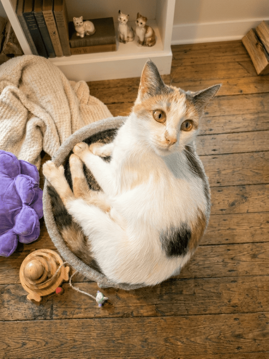 Adorable calico cat Gretel sitting in a cozy basket at Biscuits & Beans Cat Café.