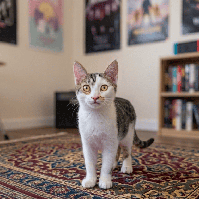 Cute cat standing on a patterned rug in a cozy café setting with posters and books in the background.
