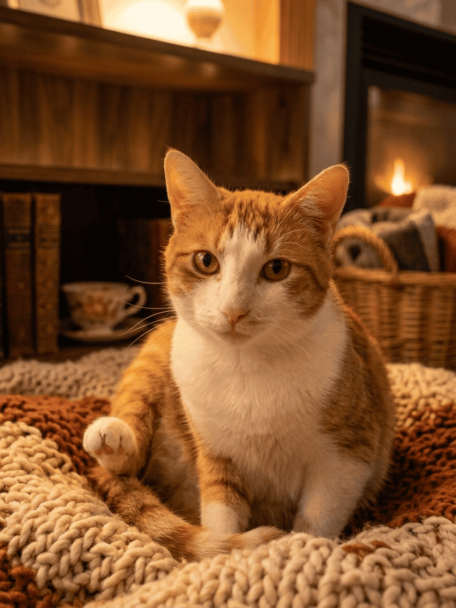 Cute orange and white cat sitting on a cozy blanket at Biscuits & Beans Cat Café.
