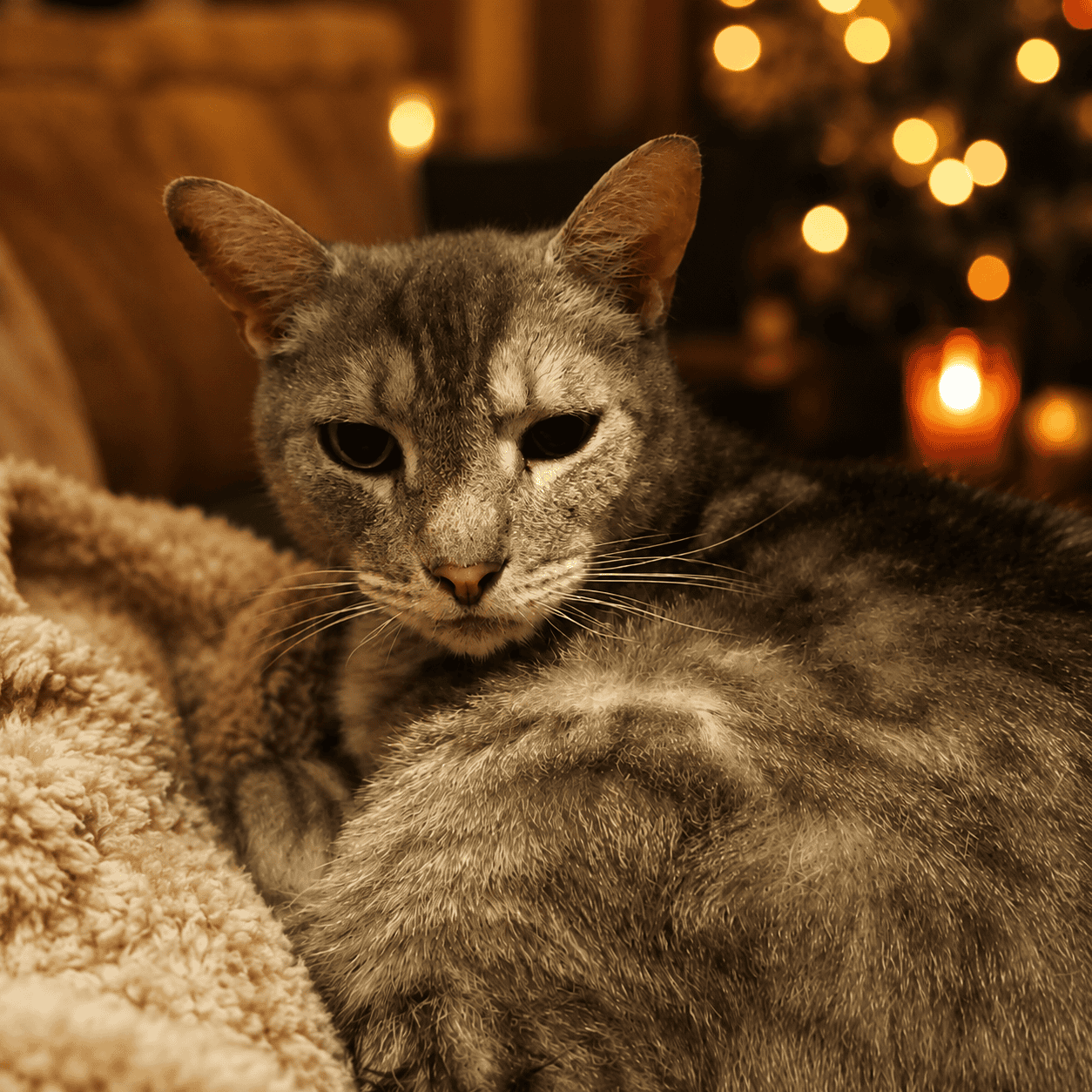 Relaxed cat at Biscuits & Beans Cat Café with warm lights in background.