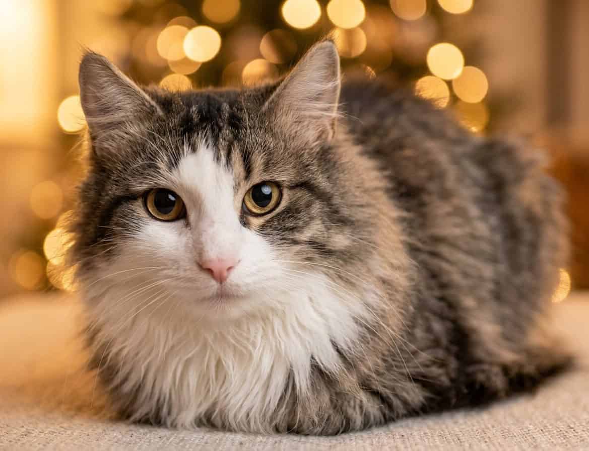 Adorable long-haired tabby cat relaxing at Biscuits & Beans Cat Café with warm lights in background.