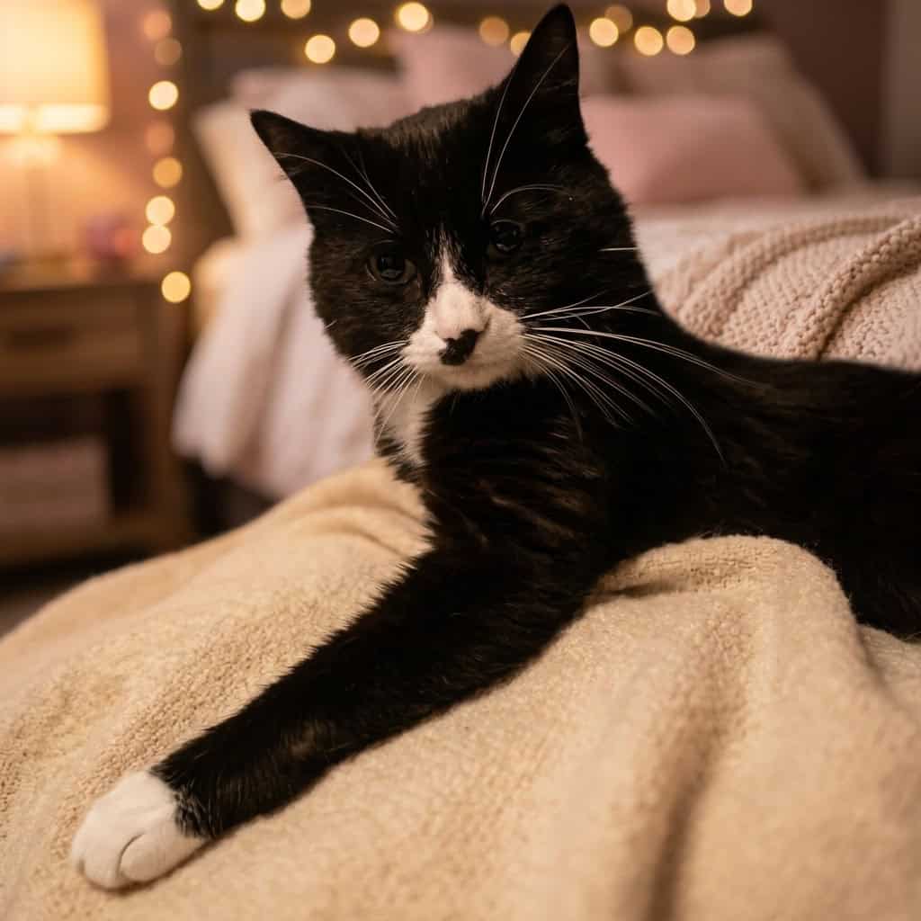 Cute black and white cat relaxing on a cozy blanket at Biscuits & Beans Cat Café.