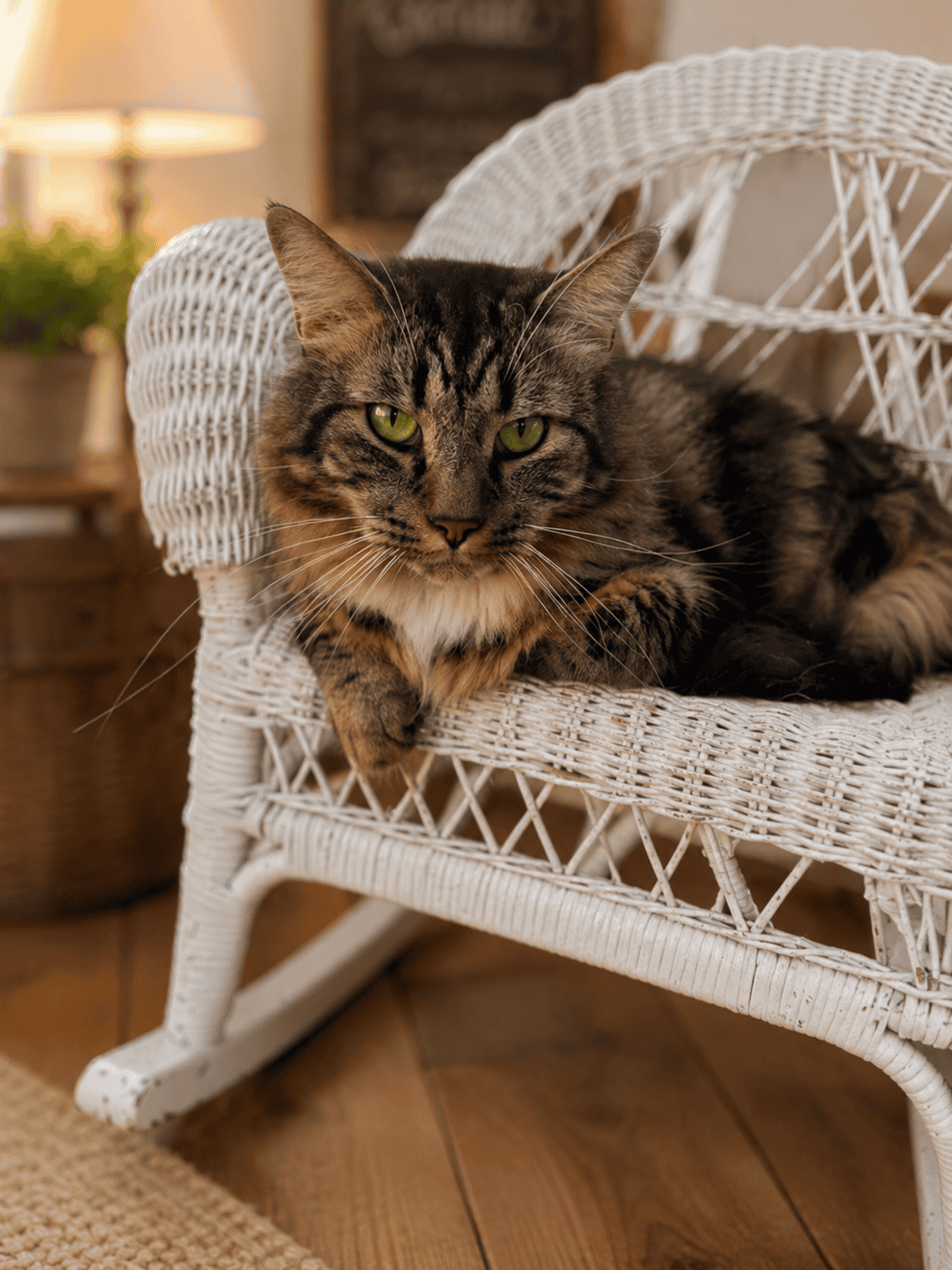 Relaxed tabby cat with green eyes lying on wicker chair at Biscuits & Beans Cat Café.