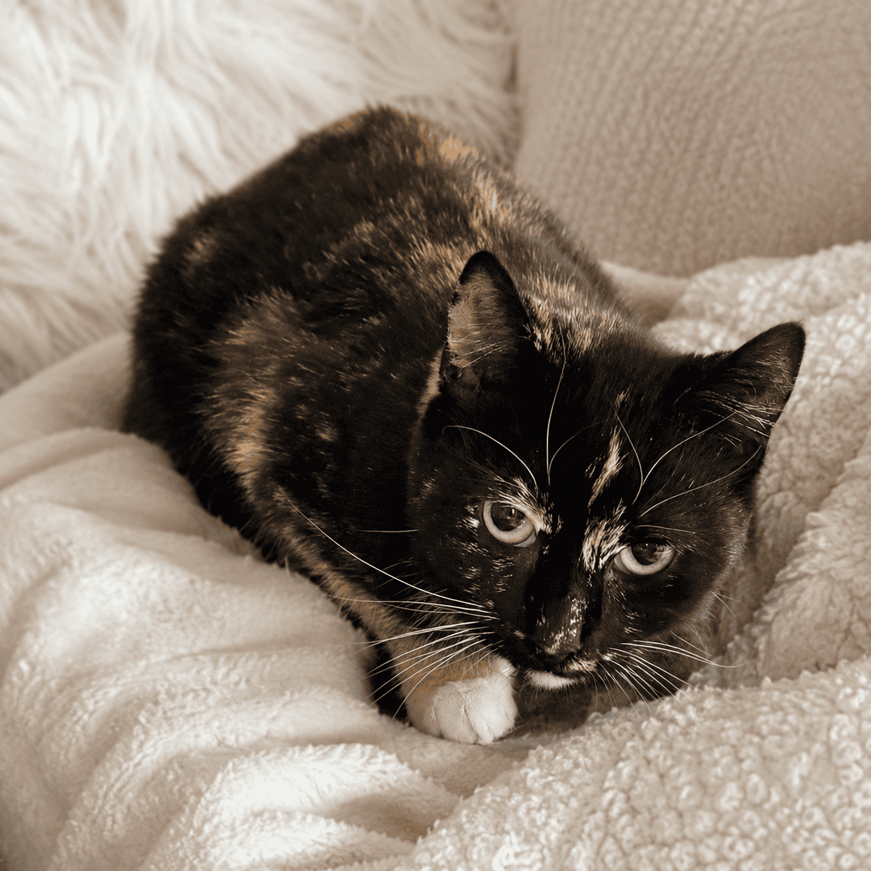 Tortoiseshell cat resting on cozy blanket at Biscuit & Beans Cat Café.