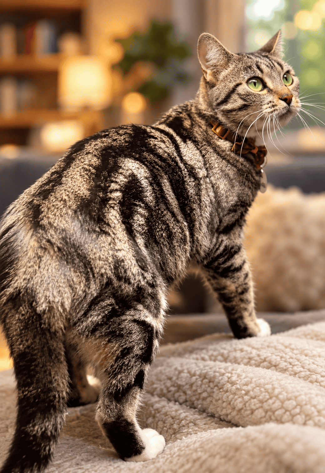 Cute tabby cat with green eyes at Biscuits & Beans Cat Café, cozy indoor setting.
